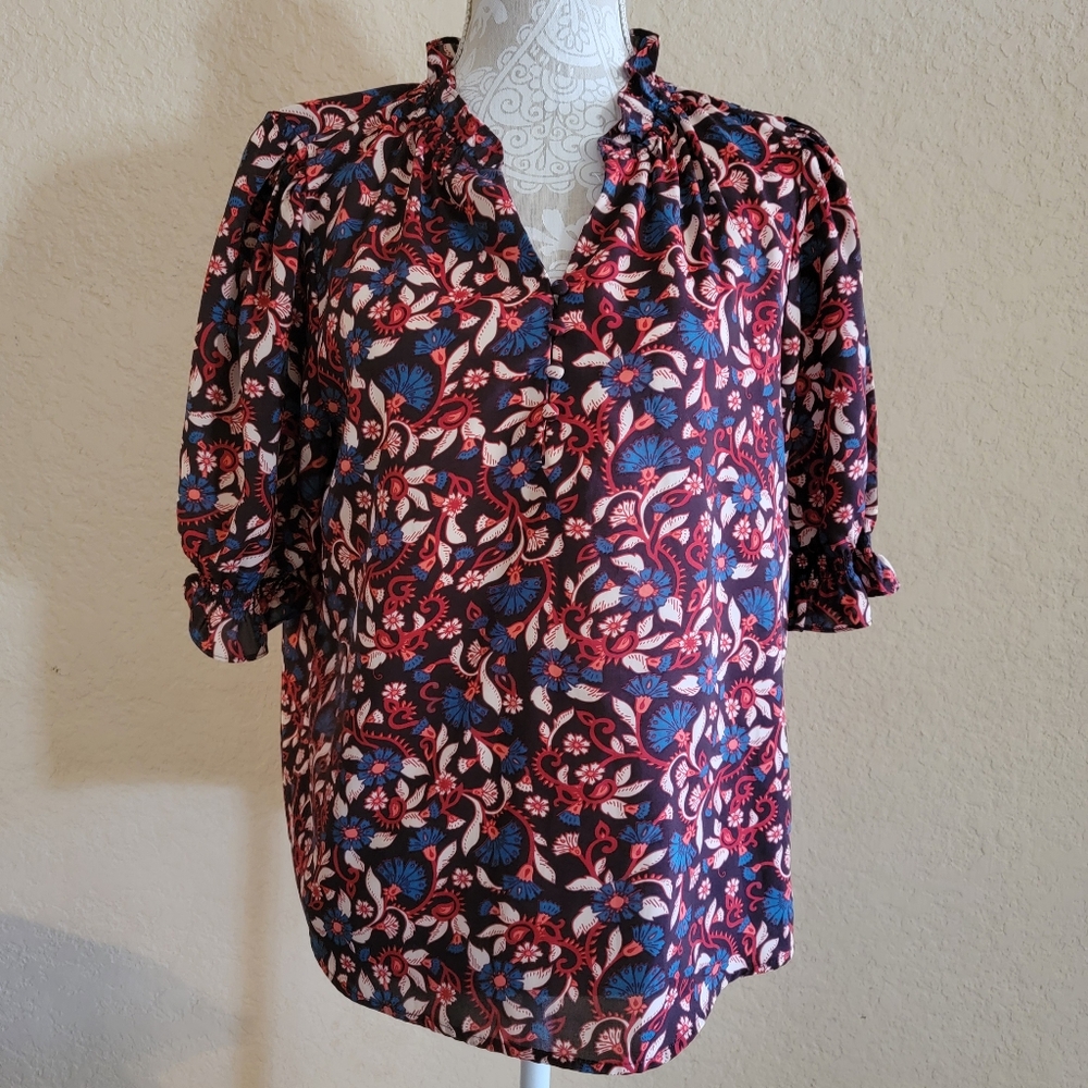 Melloday Women's Burgandy Floral Print Blouse Sz M